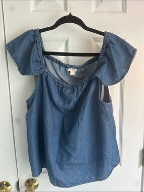 J. Crew Blue Denim Off-Shoulder Ruffle Camisole